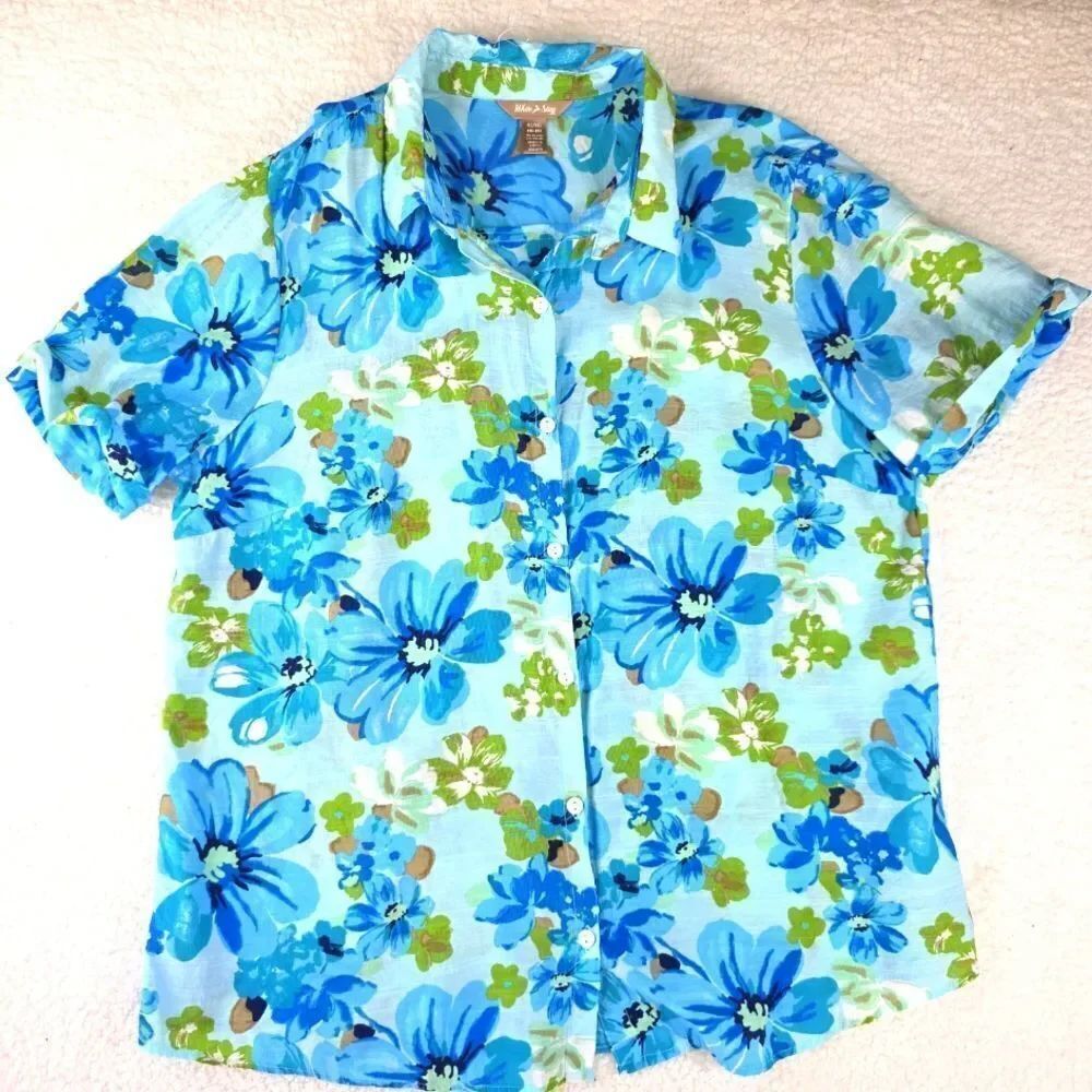 White Stag Blue and Green Casual Button Down Shirt with Tropical Flair Size XL